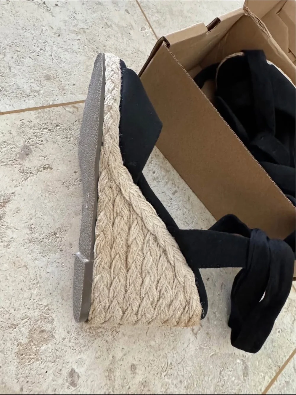 Black Espadrille Wedge Sandals with Ankle Tie, Brand New
